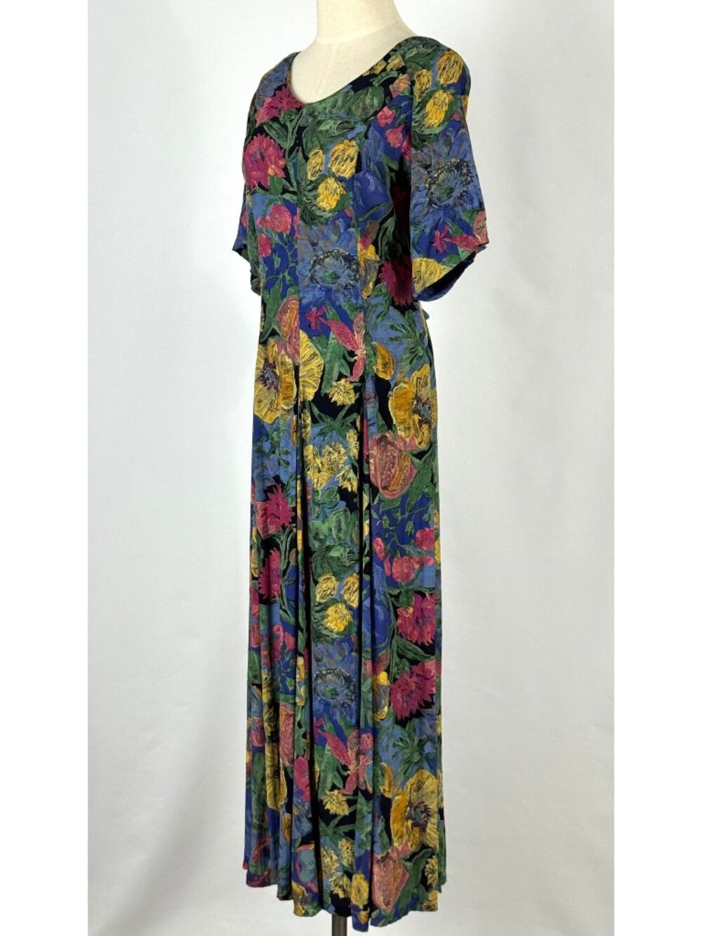 Vtg 90s Olive Painted Floral Maxi Dress Sz L Tie Back Rayon Pleated Artsy Whimsy - Picture 5 of 13
